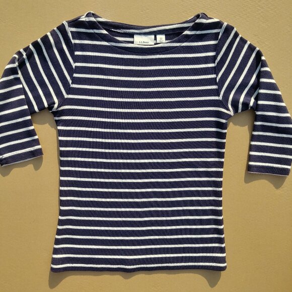 LL Bean navy blue white striped top elbow sleeves size XS Petite - Picture 1 of 8